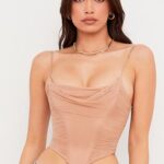 House of CB Beżowy Gorset z Drapowaną Siateczką Lottie Modna Odzież Damska