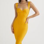House of CB Charlene Mandarynkowa Midi Sukienka Bandażowa Stylowa Elegancja