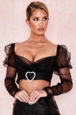 House of CB Clara Top siateczkowy z sercową sprzączką w kolorze czarnym