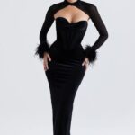 House of CB Czarna Aksamitna Maxi Sukienka Gorsetowa Thalia