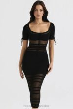 House of CB Czarna Midi Sukienka Ażurowa Lilla Stylowa Moda
