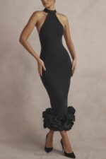 House of CB Czarna Midi Sukienka Peplum Jałowiec Stylowa Moda - Image 13