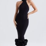 House of CB Czarna Midi Sukienka Peplum Jałowiec Stylowa Moda
