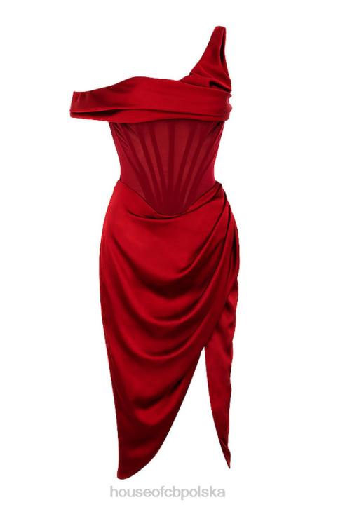 House of CB Czerwona Asymetryczna Drapowana Sukienka Midi z Gorsetem 4PND587 Elegancja na Każdą Okazję - Image 9