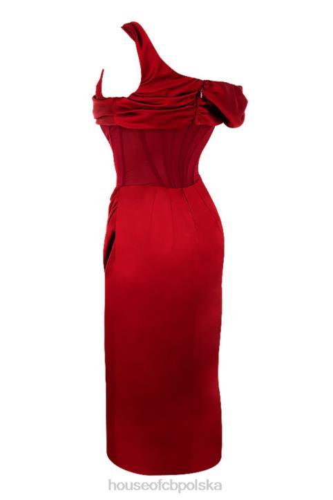 House of CB Czerwona Asymetryczna Drapowana Sukienka Midi z Gorsetem 4PND587 Elegancja na Każdą Okazję - Image 10