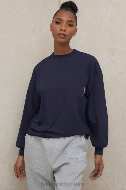 House of CB Granatowy Długi Rękaw Stylowy Top na Każdą Okazję - Image 2