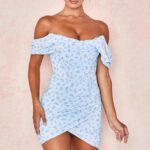 House of CB Luna Niebieska Kwiatowa Drapowana Sukienka Mini