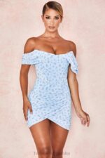 House of CB Luna Niebieska Kwiatowa Drapowana Sukienka Mini