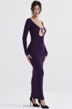 House of CB Maxi Sukienka Prążkowana Winogronowa Stylowa Moda - Image 14