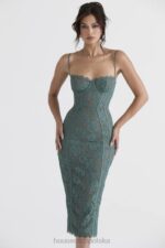 House of CB Midi Sukienka Koronkowa Joelle Forest Elegancja na Każdą Okazję