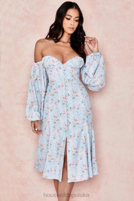 House of CB niebieska sukienka midi bardot w kwiaty na każdą okazję