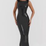 House of CB Sahara elegancka czarna sukienka maxi ze skóry wegańskiej