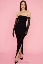 House of CB Sofia czarna maxi sukienka bez ramiączek siateczkowa elegancka moda