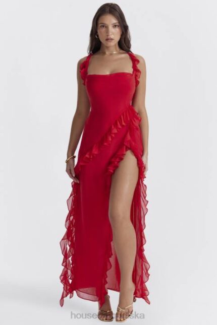 House of CB Sukienka maxi wiśniowa z falbaną na każdą okazję