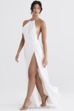 House of CB Sukienka maxi z rozcięciem kości słoniowej elegancka moda damska - Image 15