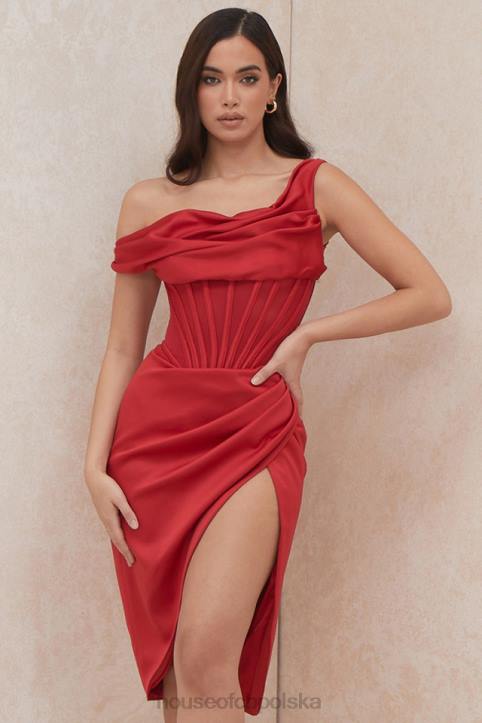 House of CB Lulu czerwona asymetryczna drapowana sukienka midi z gorsetem 4PND587 odzież
