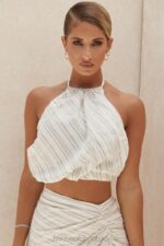 House of CB Bette Lniany top bez pleców wiązany na szyi kolor lniany modna odzież damska