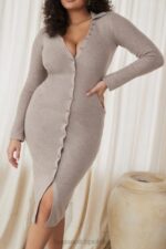 House of CB Beżowa Midi Sukienka Kaszmirowa Elegancka Modna Odzież - Image 14