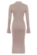 House of CB Beżowa Midi Sukienka Kaszmirowa Elegancka Modna Odzież - Image 6