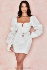 House of CB Biała Gorsetowa Sukienka Elsie Bufiaste Rękawy Modna Elegancja