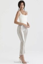 House of CB Colette błyszcząca spódnica midi szampańska elegancka moda damska - Image 3