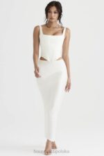 House of CB Colette elegancka midi spódnica w kolorze kości słoniowej satynowa o skośnym kroju - Image 3