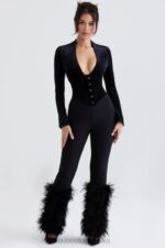 House of CB Czarne Spodnie Nicolette Obszyte Stylowe i Modne