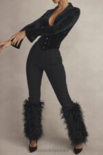 House of CB Czarne Spodnie Nicolette Obszyte Stylowe i Modne - Image 3