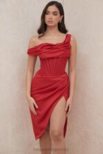 House of CB Czerwona Asymetryczna Drapowana Sukienka Midi z Gorsetem 4PND587 Elegancja na Każdą Okazję - Image 13