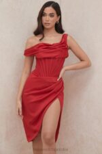 House of CB Czerwona Asymetryczna Drapowana Sukienka Midi z Gorsetem 4PND587 Elegancja na Każdą Okazję - Image 15