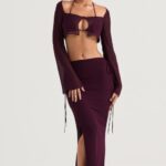 House of CB Maxi Spódnica Śliwkowa z Wycięciem Amalfi 4PND931 Modna Odzież