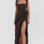 House of CB Maxi Sukienka Falbana Espresso Stylowa Moda