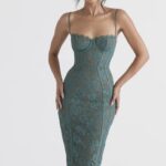 House of CB Midi Sukienka Koronkowa Joelle Forest Elegancja na Każdą Okazję