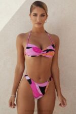 House of CB Różowe Czarne Bikini Wiązane na Szyi Modny Styl