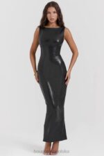 House of CB Sahara elegancka czarna sukienka maxi ze skóry wegańskiej