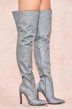 House of CB Stardust srebrne błyszczące skórzane buty za udo na każdą okazję - Image 2