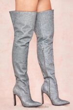 House of CB Stardust srebrne błyszczące skórzane buty za udo na każdą okazję
