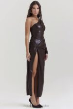 House of CB Sukienka maxi z wegańskiej skóry kakao stylowa elegancja - Image 4