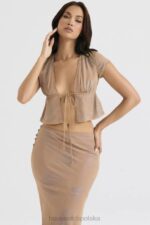 House of CB Top Maia Shimmer Cafe au Lait Wiązany Z Przodu Modny Stylowy Elegancki - Image 11