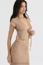House of CB Top Maia Shimmer Cafe au Lait Wiązany Z Przodu Modny Stylowy Elegancki - Image 14